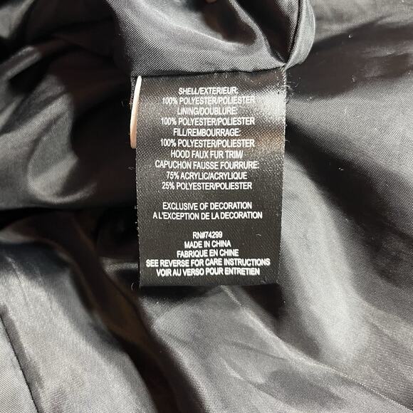 Bebe Long Black Puffer Coat Belted Gold Accents Womens L Double Zipper Hooded - Picture 14 of 16